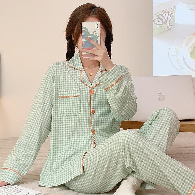 Women's Pajamas New Autumn Spring Long Sleeve Soft Sleepwear Set Grid Cartoon Cotton Pyjama Woman Home Nightwear Set Cardigan