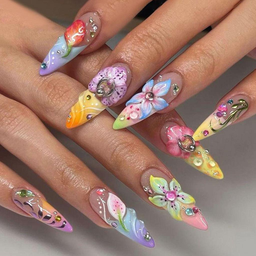 24 Stück Y2K Bunte Feuerwerk Falsche Nägel Mandel mit Herz Smiley Gesicht Fake Nails Süß Cool Stil Abnehmbare Press-On Nägel