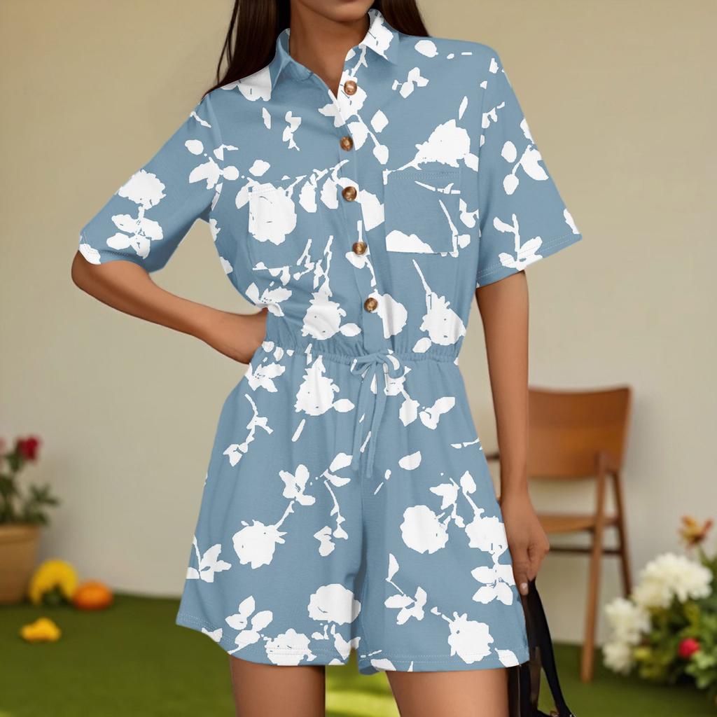 Damenmode V-Ausschnitt Jumpsuit Karomuster Lässig Kurzarm Top Jumpsuit