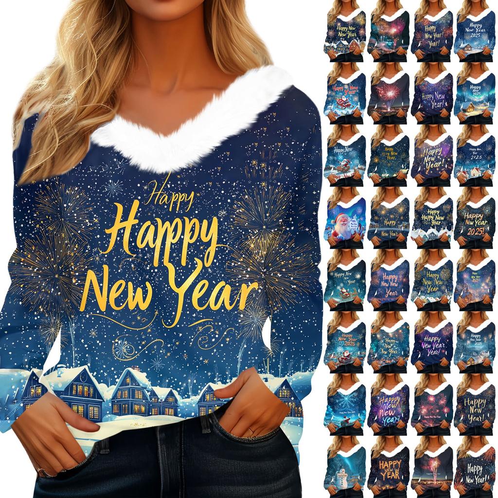 Women's Christmas Printed Long Sleeve Shirt V Neck Casual Loose T-Shirt Tops