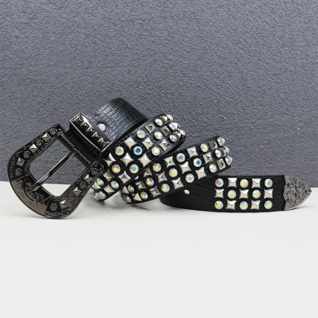 European & American Punk-Style Rhinestone Rivet Leather Belt for Women - High-Quality Fashion Accessory
