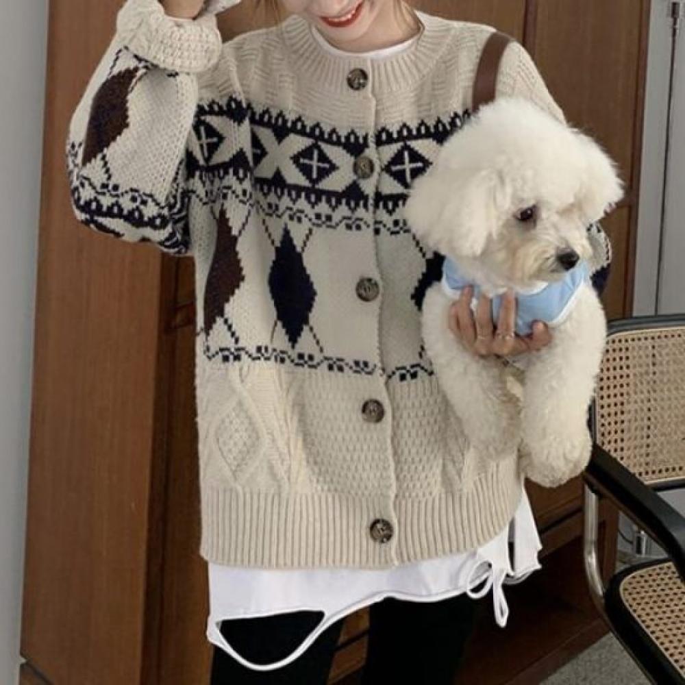 Navava Women Argyle Pattern Round Neck Long Sleeve Knit Cardigan Nk3515