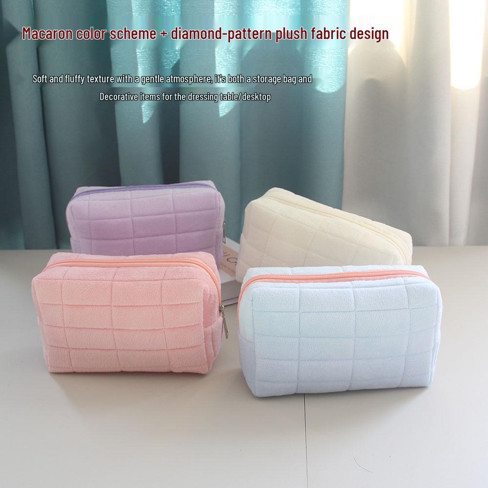 Plaid High-Capacity Makeup & Stationery Bag - Small Unzip Pillow Design