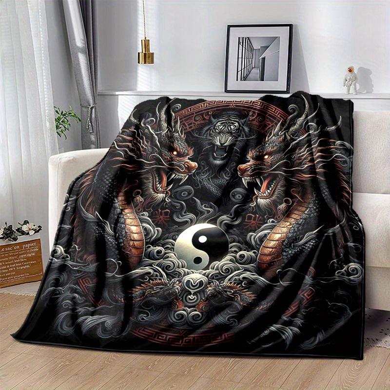 1pc Yin and Yang Dragons Blanket, Cartoon Home Decor Gift, Living Room, Travel, Camping, Car Blankets