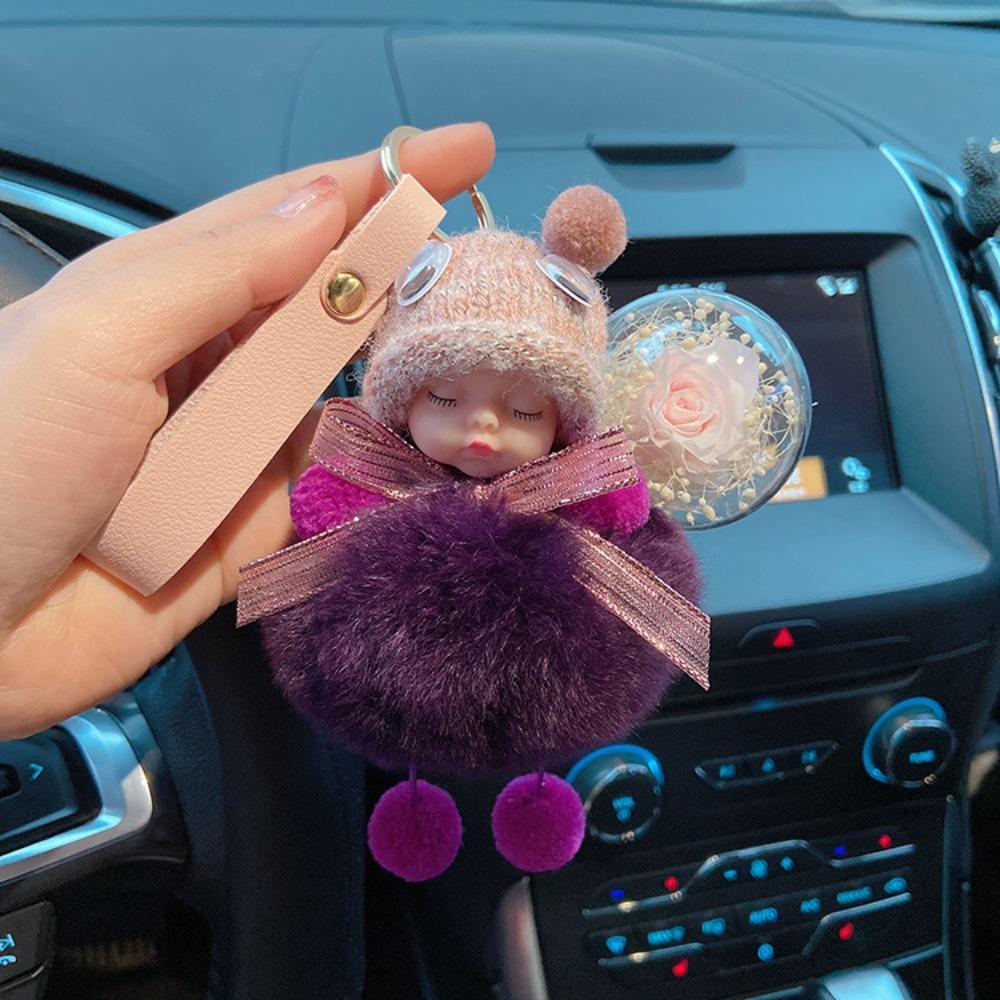 Pompom Fluffy Plush Doll Cute Flower Car Key Ring Keyholder Sleeping Baby Keychain  Jewelry Gift
