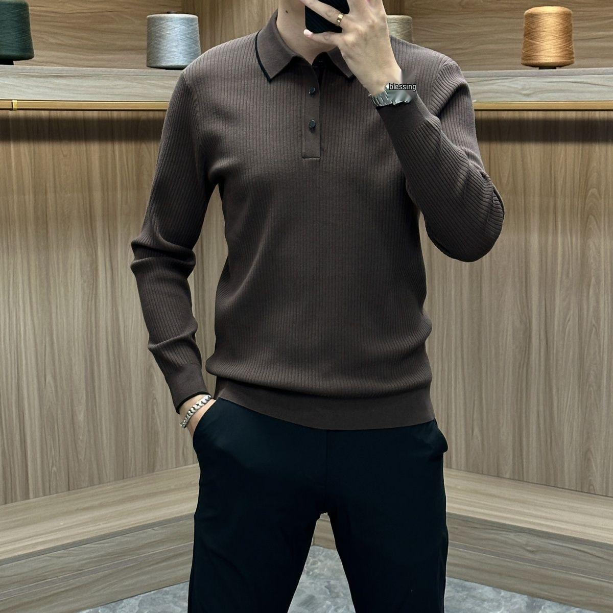 

2025 Мужской Роскошный Вязаный Свитер Поло с Длинным Рукавом, Осенне-Зимняя Мода, Повседневный Отложной Воротник 2XL [For 150-170 lbs]