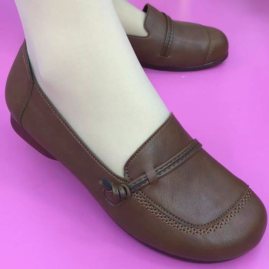 2025 popular real soft leather beef tendon soft sole low heel light and easy to wear mother shoes retro Doudou shoes comfortable flat women