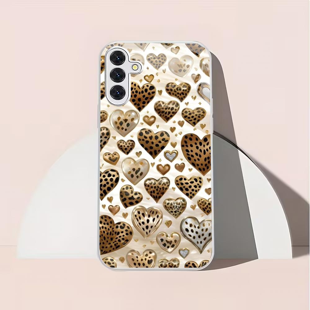 Leopard Patterned Heart-shaped Silver Plated Glass Phone Case Suitable for Samsung Galaxy S26 S25 S24 S22 S21 S20 FE/Ultra/Plus