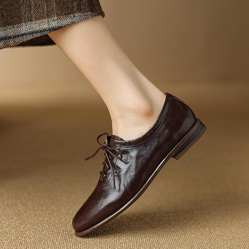 Mote 2025 Ny Vår Ekte Skinn Damesko Rund Tå Pumps Sko for Kvinner Loafers Damesko Retro Oxford
