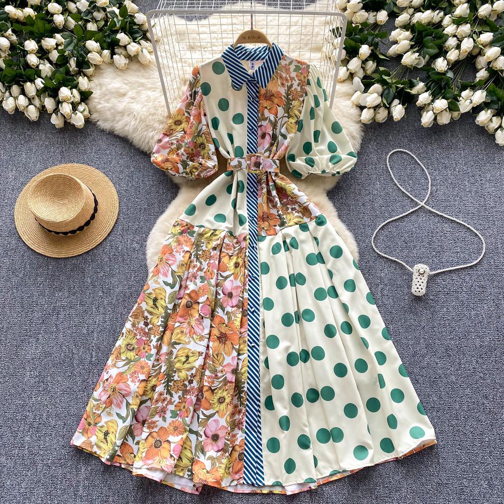 Summer Elegant Midi Patchwork Dress for Women Lapel 3/4 Sleeve Wave Point Breasted Female Design Vestidos New In 2024 Chic