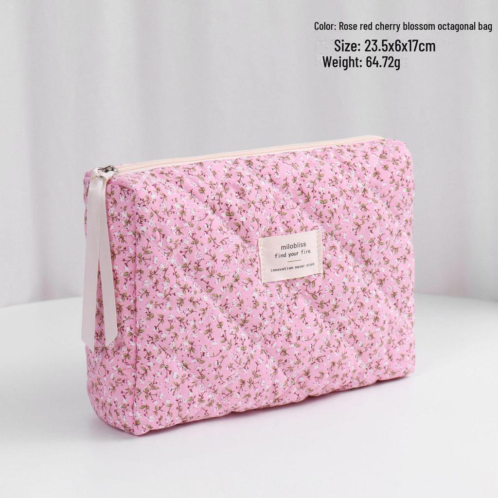 High-Capacity Quilted Floral Cosmetic Handbag