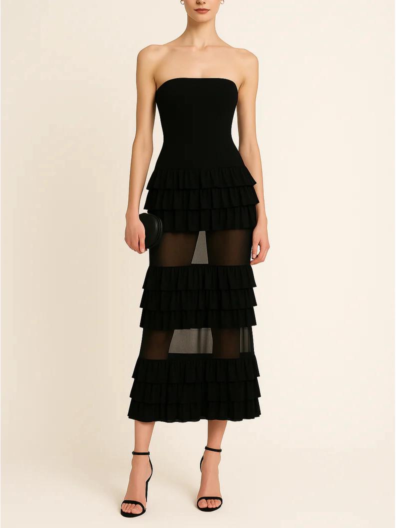 Women s Sexy Strapless Mesh Pleated Dress 2026 Small чёрный