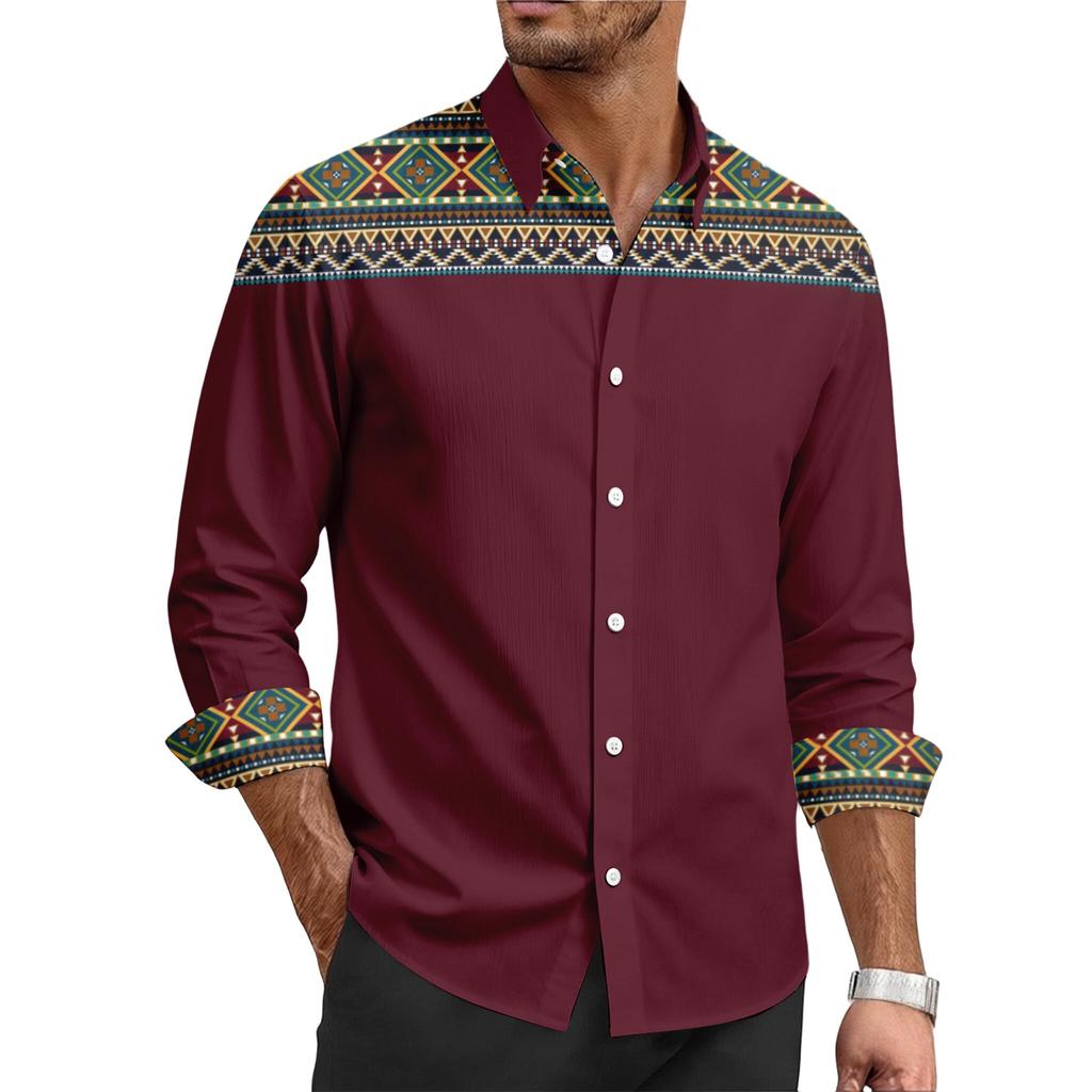 Herren Freizeit Hemd mit stilvollem Retro-Textur-Druck - Herren Langarm Oberteil mit Kragen und Knöpfen