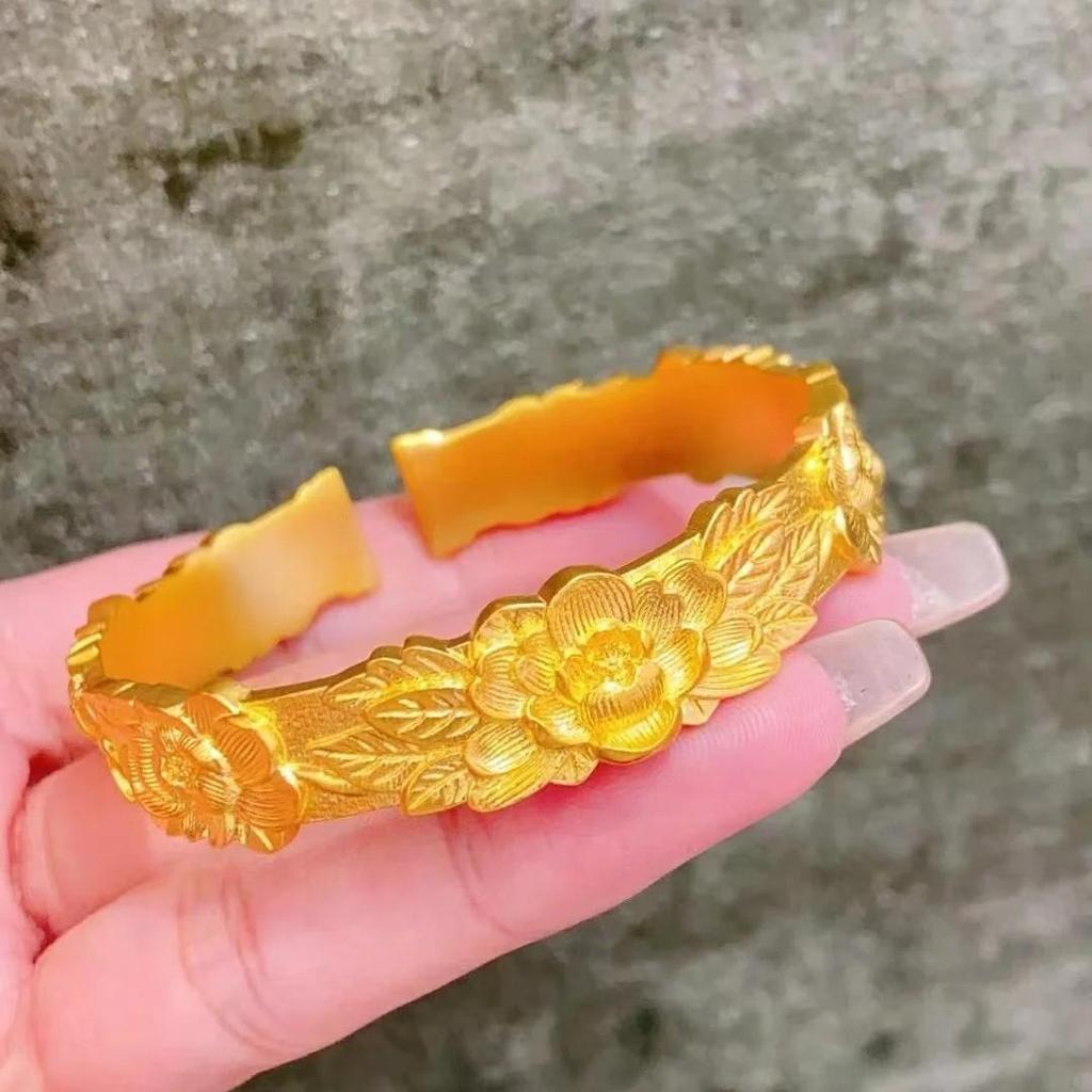 Golden Ancient-Style Peony Carved Open Bangle - Double Happiness Wedding Bracelet