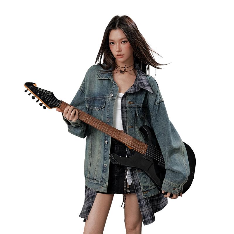 

UNIFREE Men s Plaid Patchwork Loose-Fit Denim Jacket L