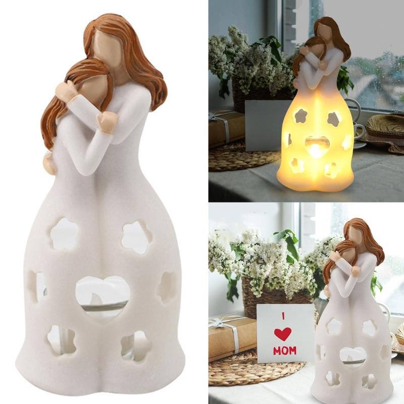 Mother and Daughter Resins Figurine Heartwarmings Gift with Flickering LED Candle for Mother Day or Christmas Birthday