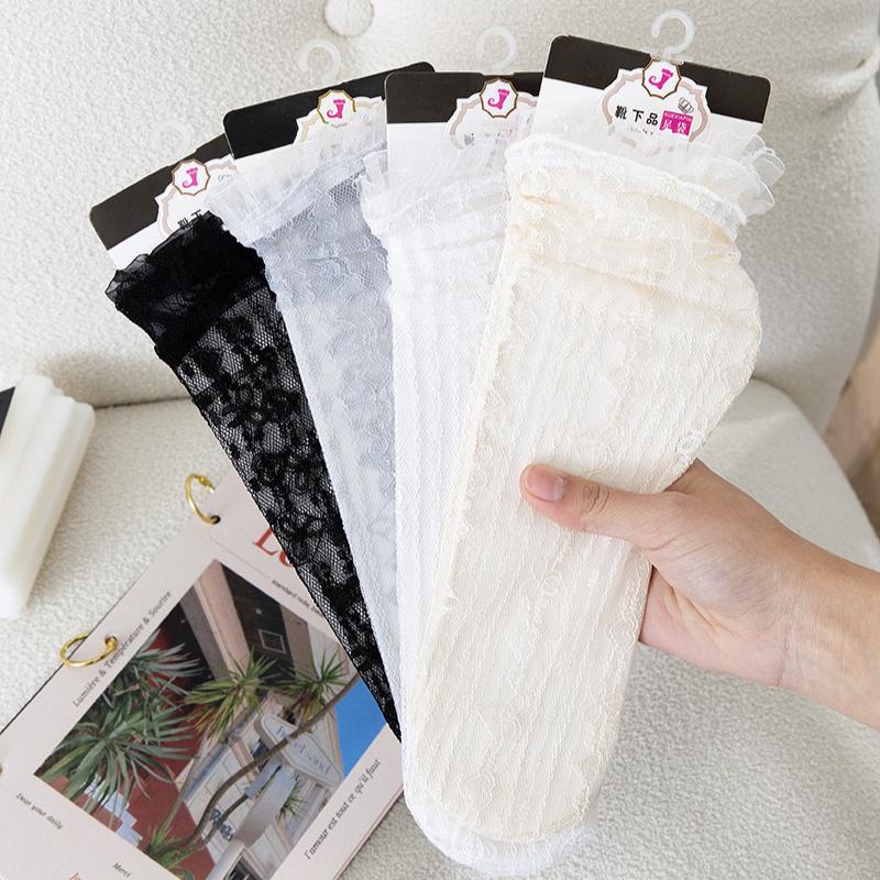 Japanischer Stil Sexy Spitze Rüschen Socken Ultradünne Transparente Sommer Lochmuster Netz Kniestrümpfe Damen Mode Harajuku Retro Lange Socken