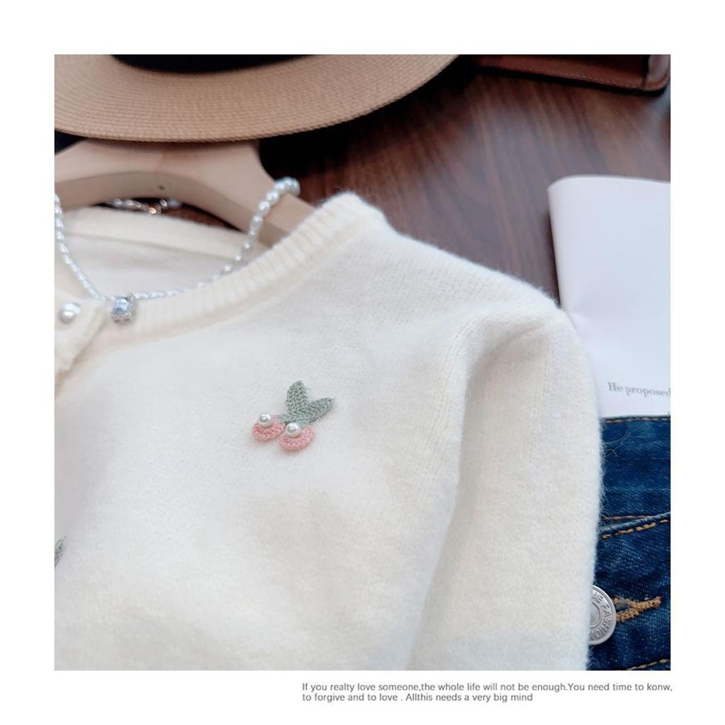 French Sweet Cherry Embroidered Pearl Sweater Knitted Cardigan Top for Women