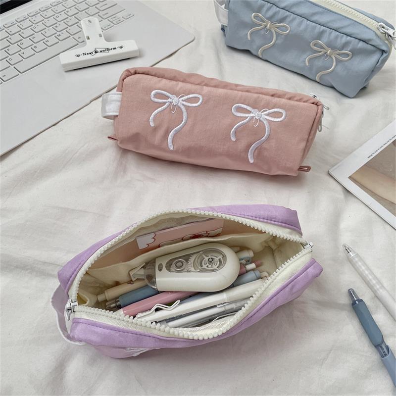 Cute Simple Bowknot Hand-Held Pencil Case Girly Pencil Bags Large Capacity Portable Student Stationery Storage Bag School Supply