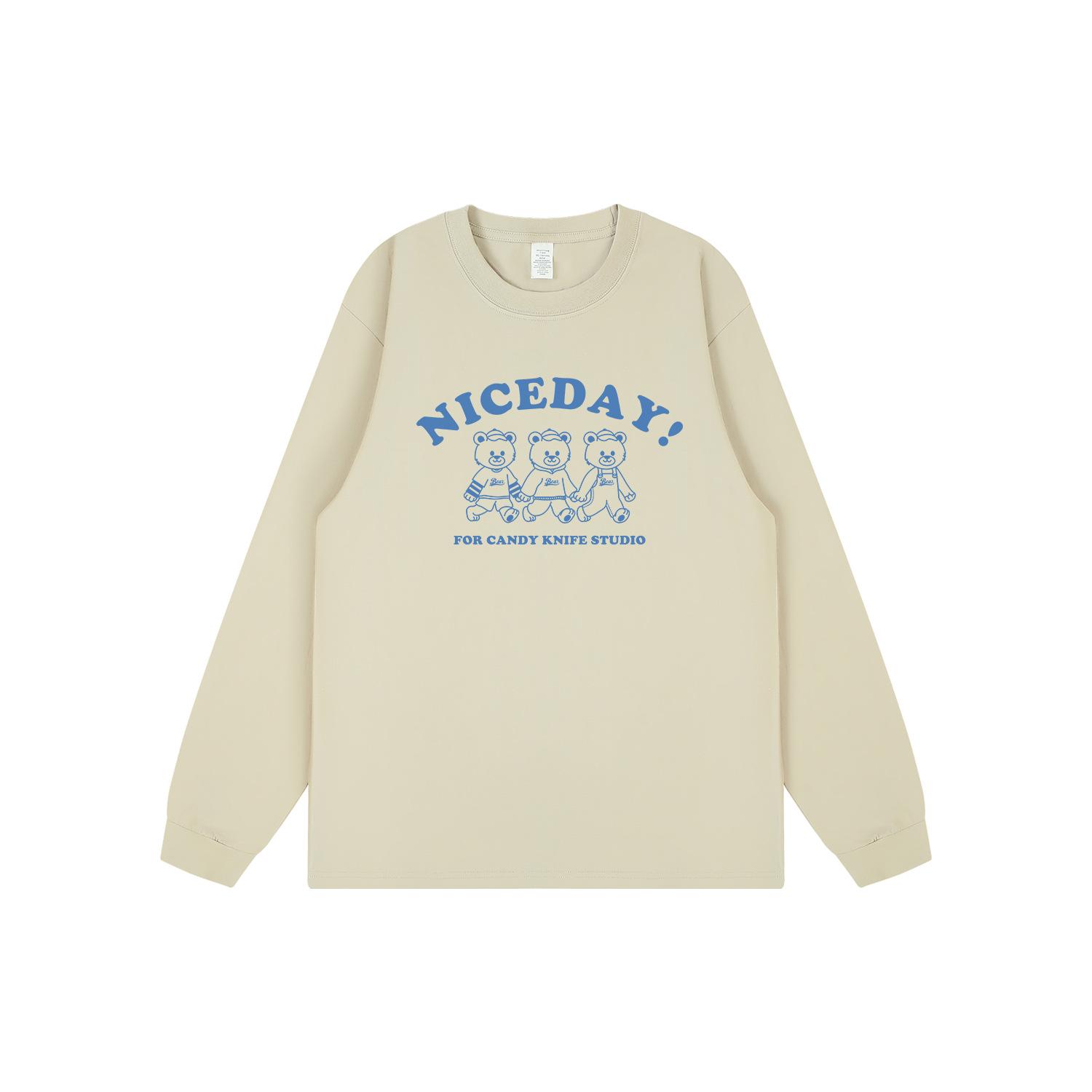 

Korean Moe-Style Cartoon Bear Print Long-Sleeve T-Shirt with Cuffed Sleeves for Couples XL Лляний