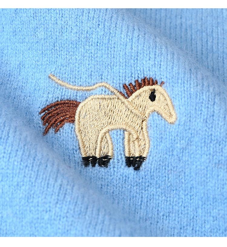 Women's Knitted Wool Cardigan with Round Neck and Small Horse Embroidery - 100% Pure Wool, New Autumn Collection.