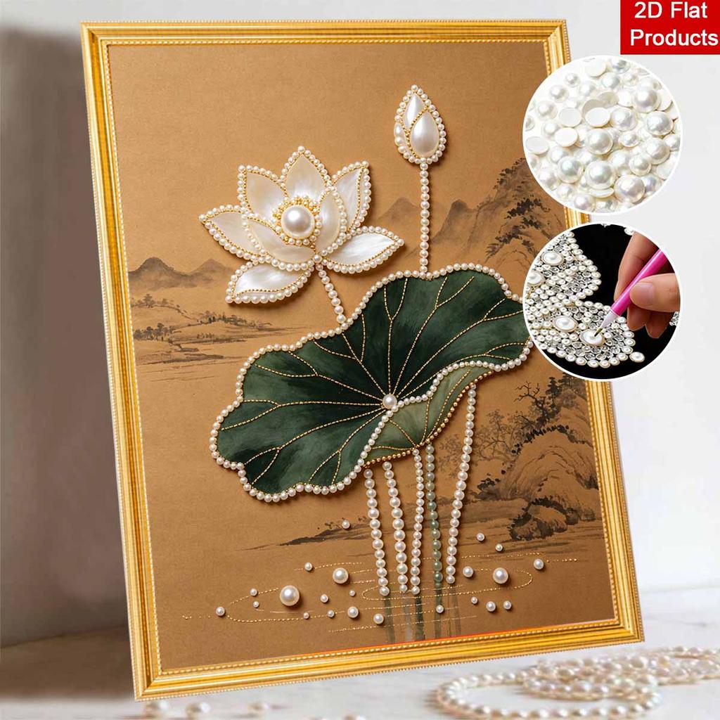 DIY Frameless Pearl Painting Kit Elegant Lotus Flower with Leaf 3D Shiny Bead Art Canvas Relaxing Craft for Adults Home Wall Decor Gift