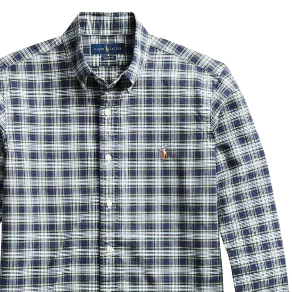 Polo Ralph Lauren Ss24 Green Checkered Pony Logo Embroidered Long Sleeve Shirt Men shirts Navy-Blue 710758901-005
