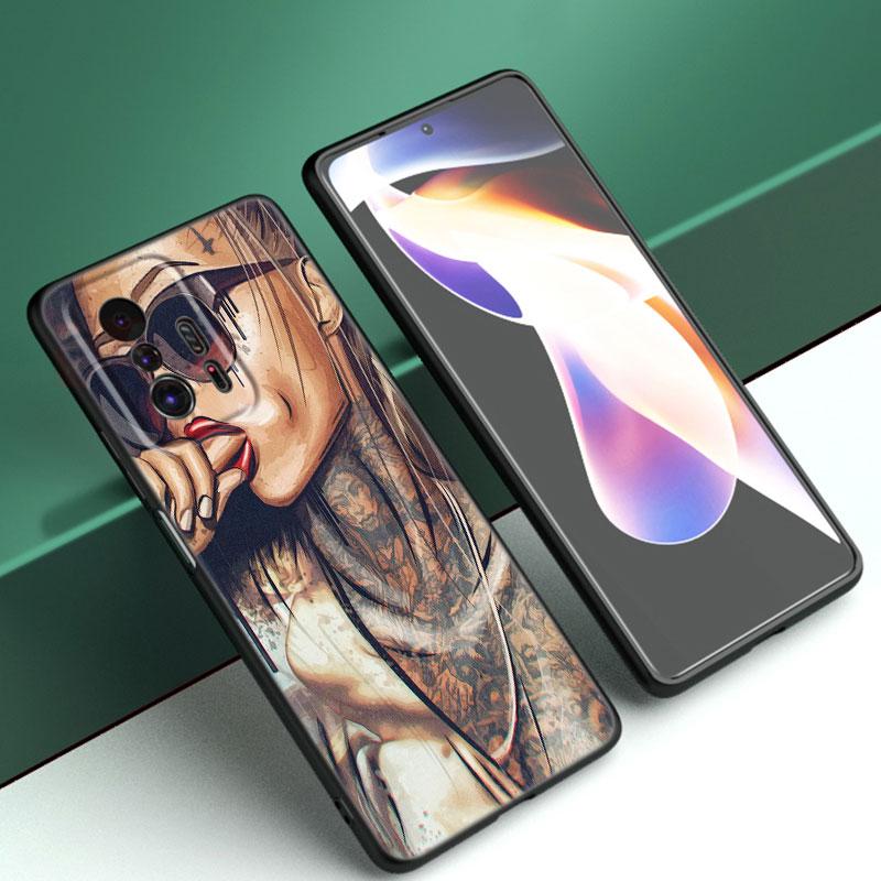 Sexy Sleeve Tattoo Girl Black Silicone Phone Case For Xiaomi Mi 9 SE 8 10T 11 12 13 Lite 9T 11T 12S 12T 13T 14 Pro 5G NE 11i 12X