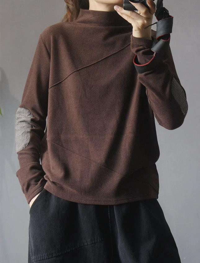 Women's Ethnic Patchwork Thermal Fleece Pullover - Mock Neck, Autumn/Winter, Loose Fit