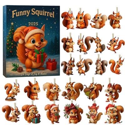 Weihnachts-Adventskalender 2D Acryl Eichhörnchen-Thema Weihnachtsbaumschmuck 24 Tage Countdown Eichhörnchen-Anhänger Für Kindergeschenke