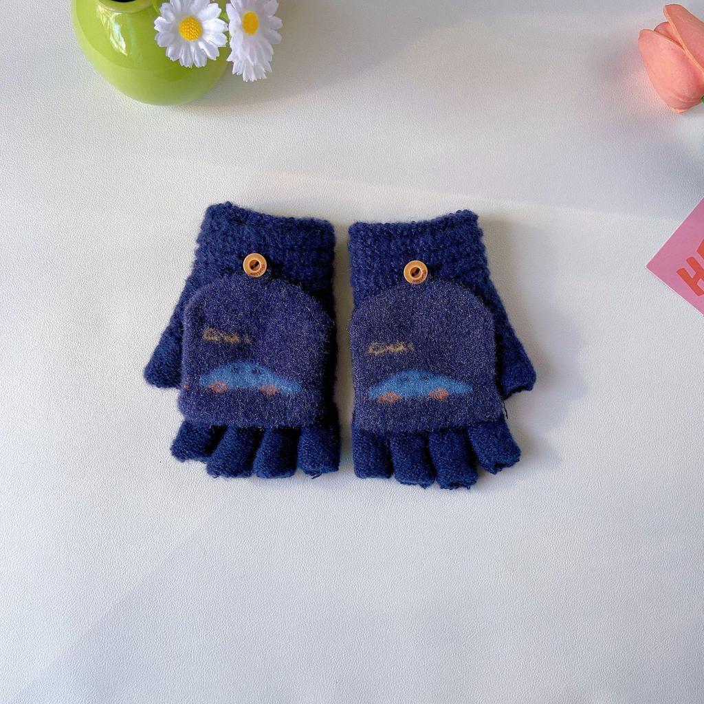 Cartoon Flip-Top Half-Finger Boy's Winter Gloves: Exposed Fingertips for Writing & Cycling