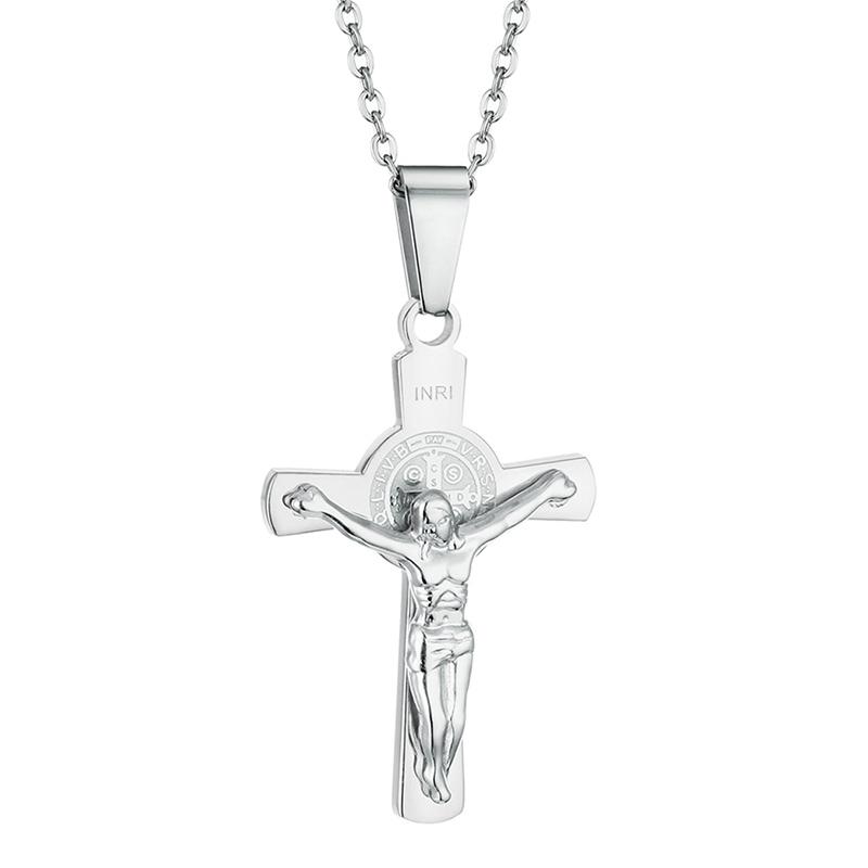 INRI Crucifix Jesus Christ Cross Crucifix Pendant Necklaces Men Christian Stainless Steel Link Chain Necklace Jewelry Gift 60CM