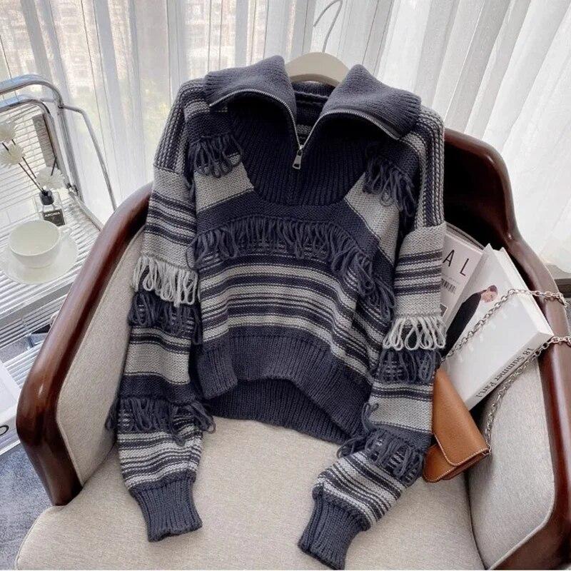 

Модный полосатый свитер с воротником и кисточками, женский осенне-зимний женский джемпер, топы, винтажный пуловер на молнии с длинными рукавами, трикотаж 29593 L синий