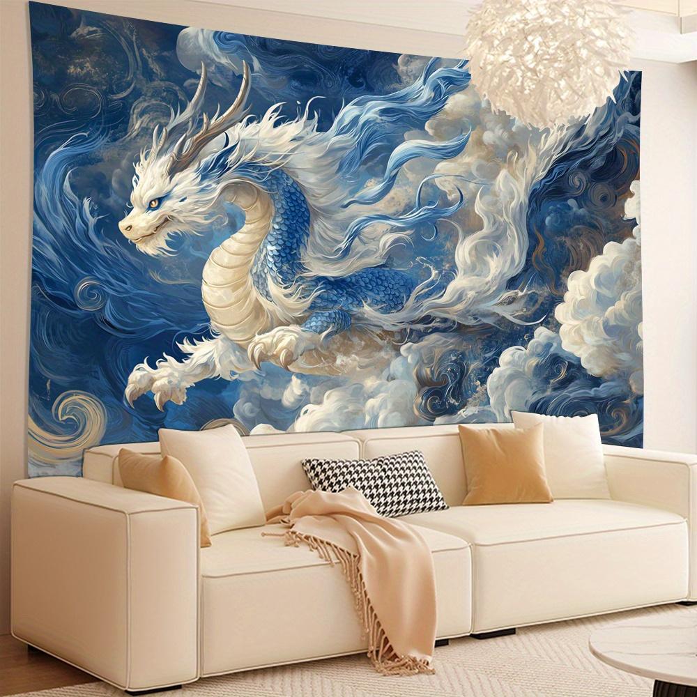 Blaue Wolken-Drachen-Wandteppich Pfirsich Hellbeige Stoffkunst mit Majestätischem Drachen Wirbelnde Wolken Design Horizontal