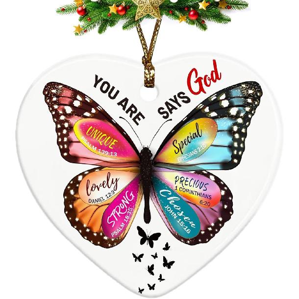 Christian Ornaments, God Says You are Scripture Floral Ceramic Ornament Keepsake Decorations, pirational Christian Gifts for Women Teen Girls Butterfly-god Says You Ar