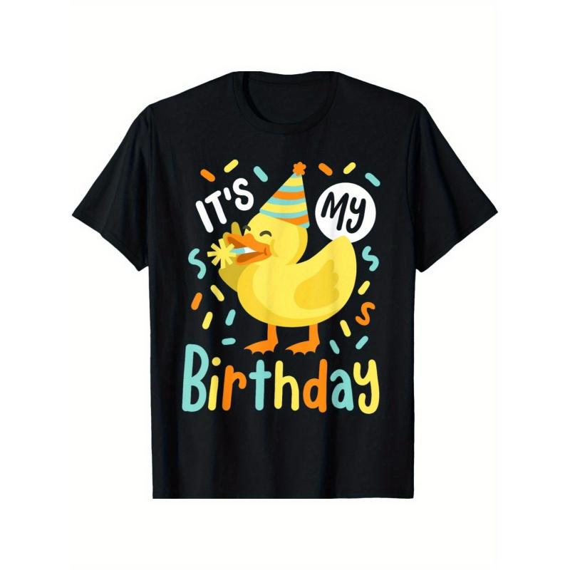 Men'S & Women'S Rubber Duck Birthday T-Shirt - Soft Crew Neck Short Sleeve with Cute Duck & Balloon Confetti Design, Playful "It'S My Birthday"