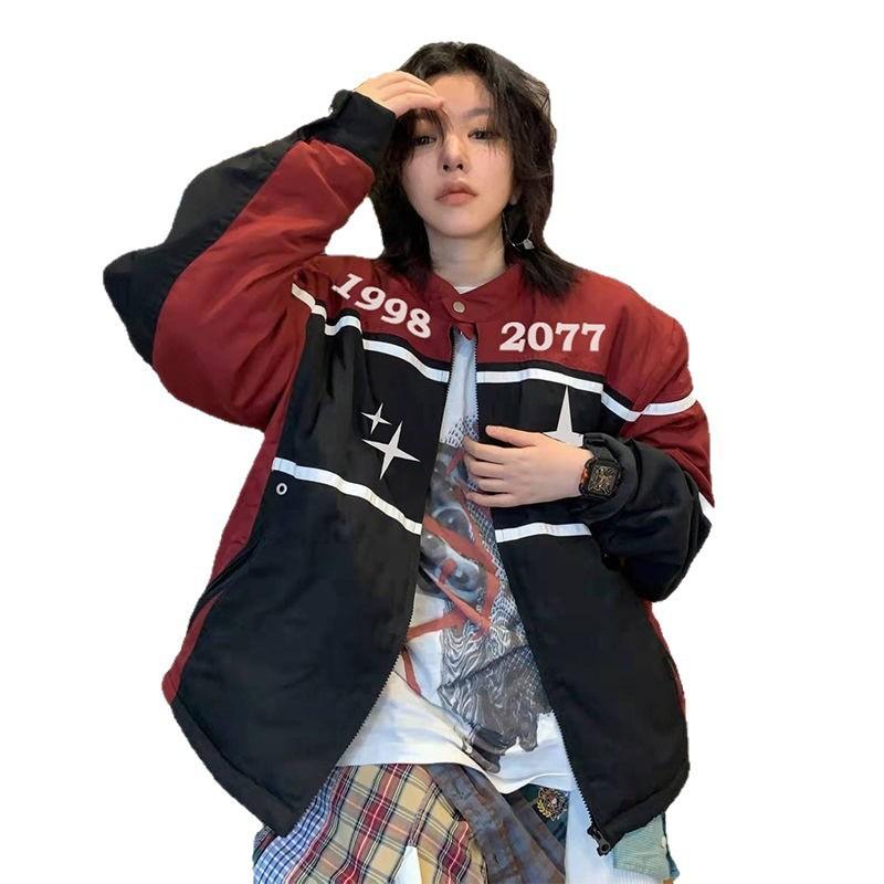 Vintage Motorcycle Baseball Jacket Women Loose Fit Geometric Print Cotton Blend Streetwear Chic Outerwear