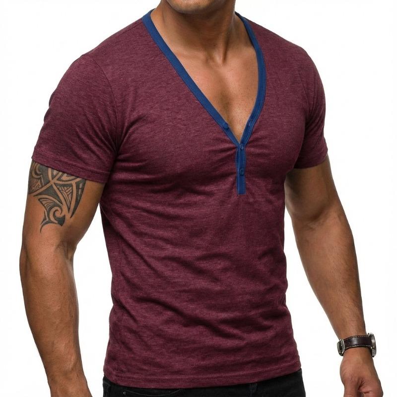 

Men Deep V Neck Henley Short Sleeve T Shirt Contrast Trim Slim Fit Casual Daily Tops S красный