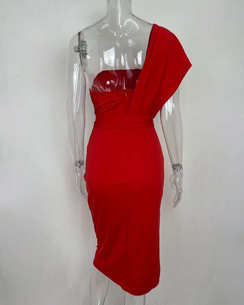 2025 Spring European & American Women's Sexy Lace-Up Bandeau Fly Sleeve Slit Evening Dress