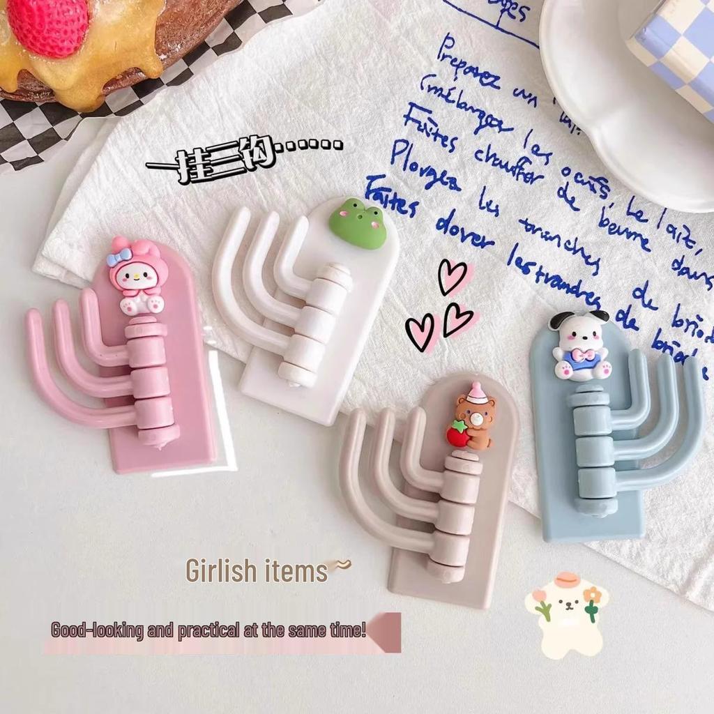 No-Punch Cute Rotating Wall Hook: Strong Adhesive, Three Hooks, Traceless Design, Behind-Door Key Rack.