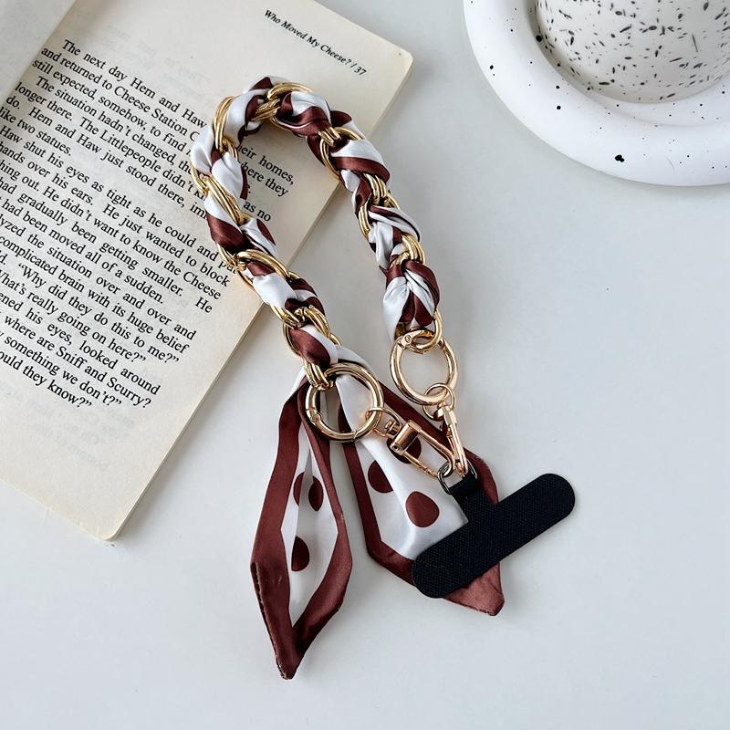 Stylish Silk Scarf Phone Lanyard Strap Hanging Chain Ring Cord With Patch Wrist Strap Phone Holder Detachable Rope