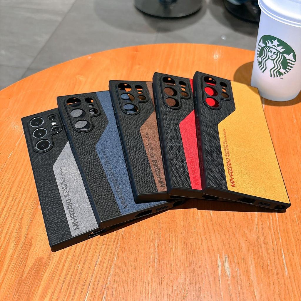 Suitable for Samsung S25ultra Leather Matte Mobile Phone S23plus Color Blocking Lambskin Simple S24 Contrasting Color Case