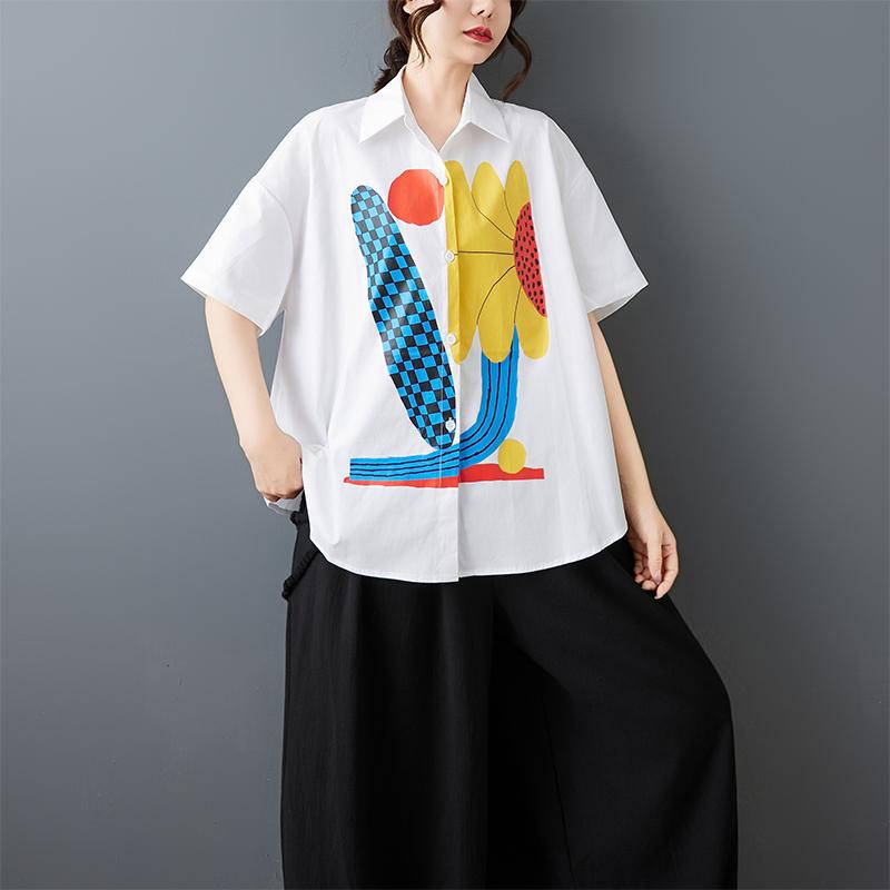 DIMANAF 2026 Plus Size New Summer Blouse Shirt Print Short Sleeve Casual Women Loose Tops Shirts Cotton