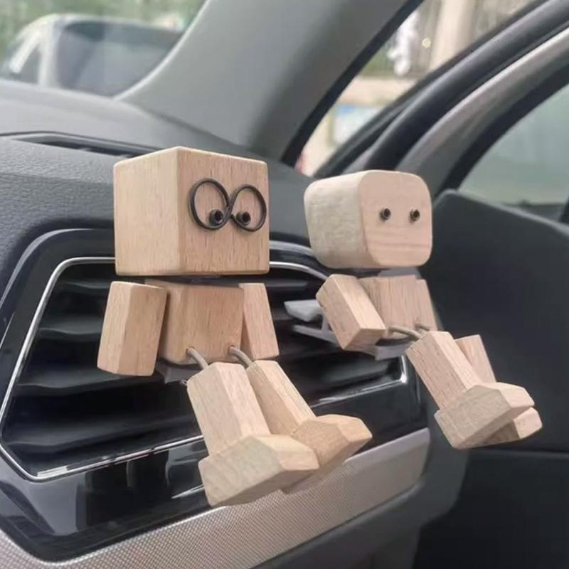 Swaying Wooden Man Figurine Car Ornament - Hand Carved with Magnetic Base, Head Shaking Stress Reliever for Dashboard & Desk, Cr