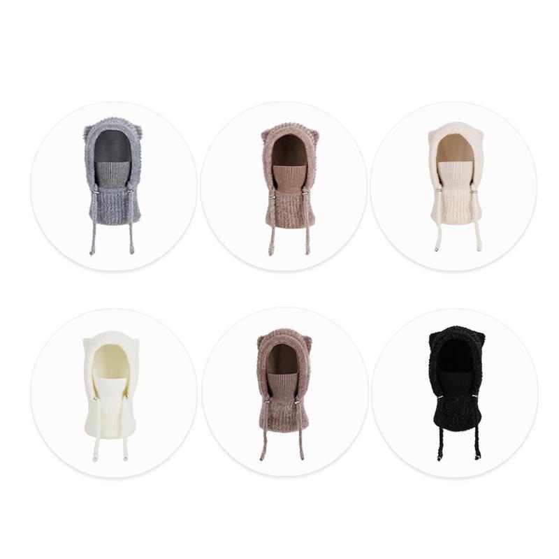 Winter  Scarf Mask Integrated Hat Women's Fleece Cold-proof Knitted Wool Hat Outdoor Warm Ear Protective Hat