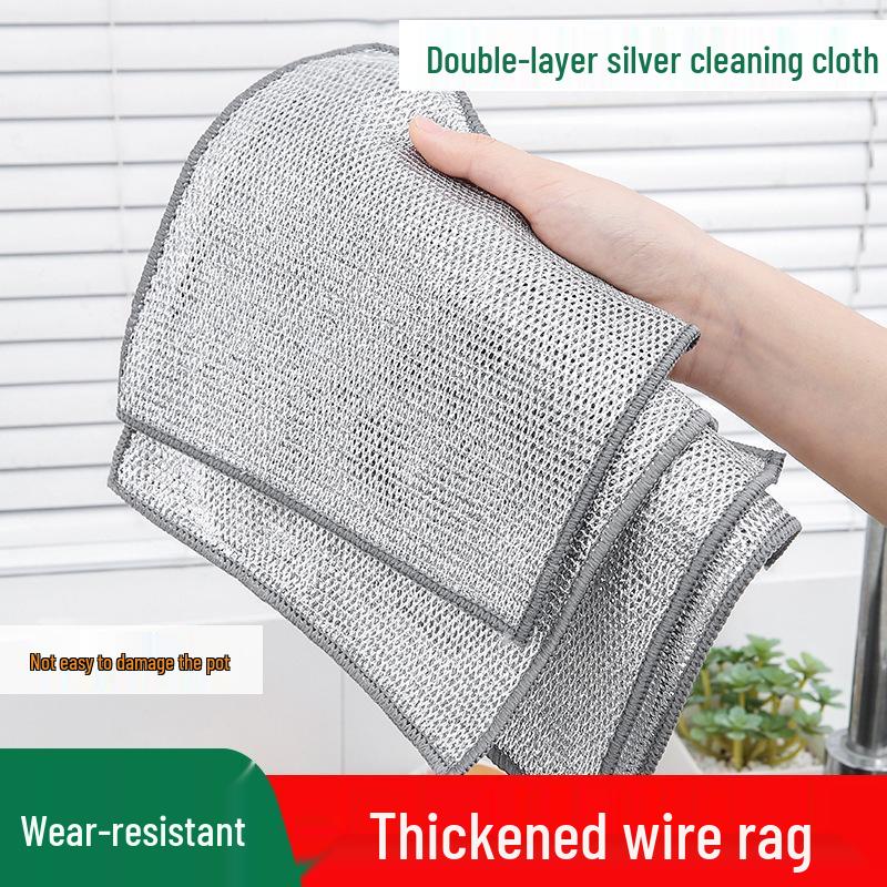 Dual-Sided Silver Thread Dishcloth: Non-Stick, Easy-Clean Steel Wire for Kitchen Dishwashing