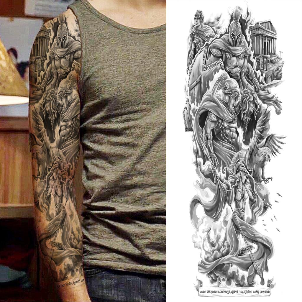 1 Sheet Full Arm Temporary Tattoos For Women Adults Men Spartan Warrior Realistic Fake Knight God Zeus Tattoo Sticker Fashion
