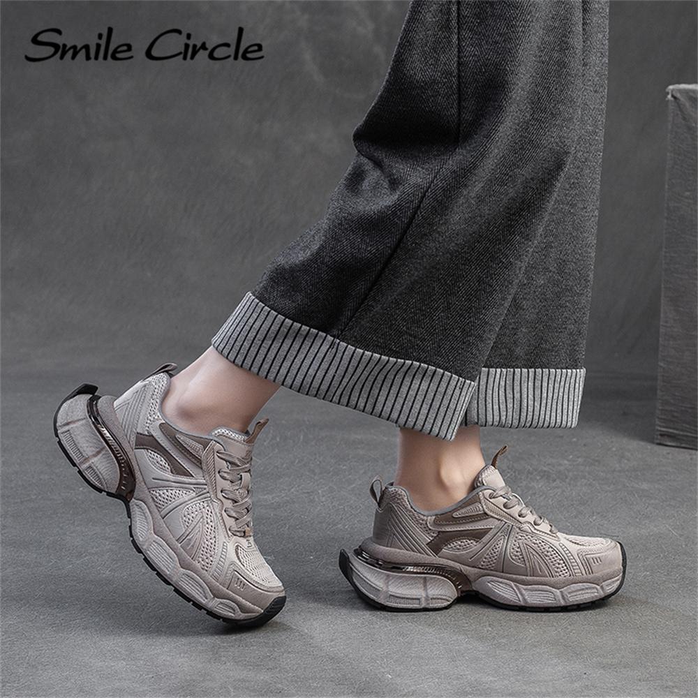 Damen Sneakers aus echtem Leder mit runder Zehenpartie und zunehmender Höhe, modische Freizeitschuhe mit dicker Sohle