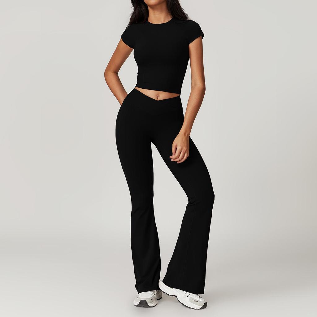 Umweltfreundliches, recyceltes, schnell trocknendes Yoga- und Lauf-Outfit - Damen-Fitnessanzug mit kurzen Ärmeln und stilvollem Rückendesign (Modell 8799)
