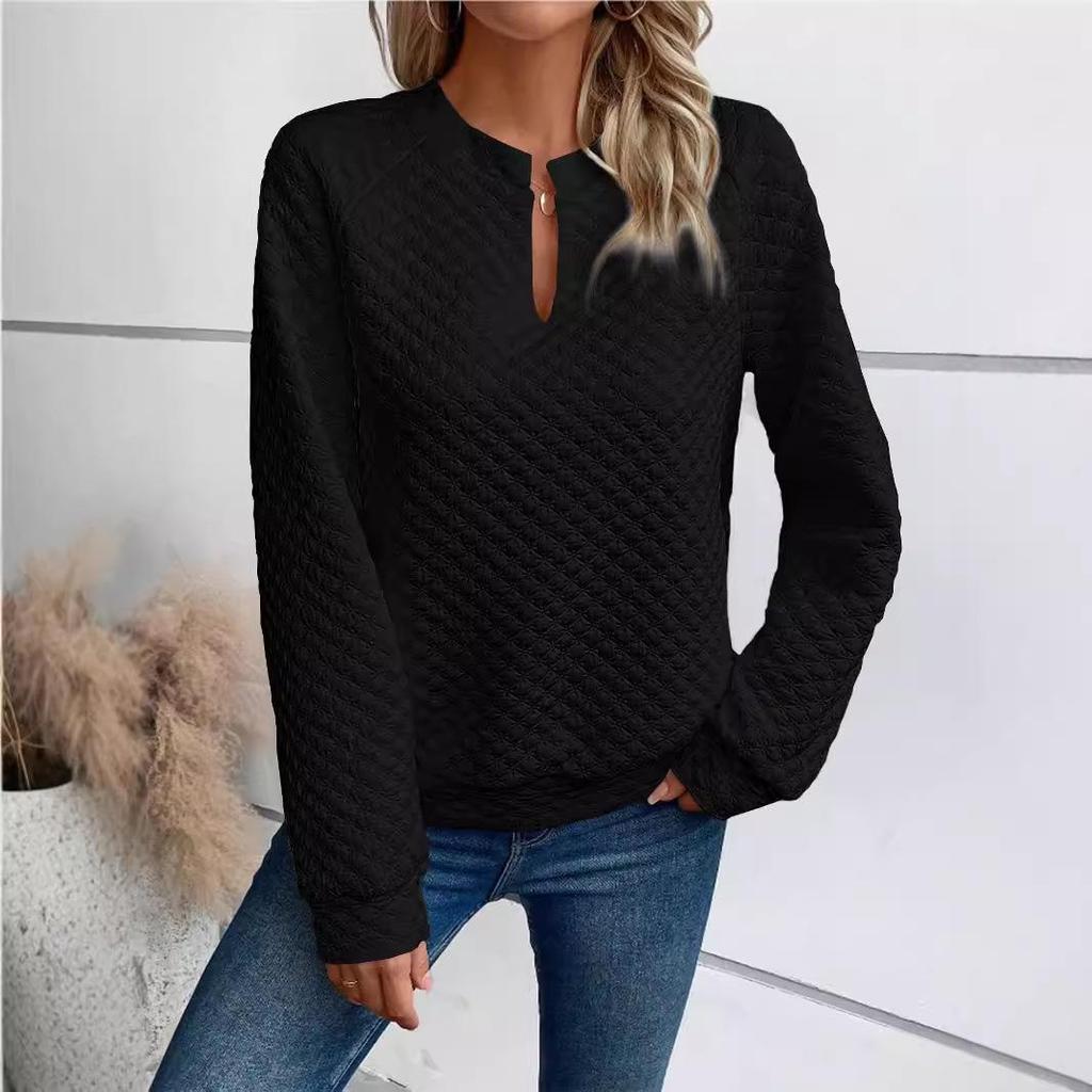 2025 Autumn/Winter Women's Solid Deep V-Neck Patchwork Long Sleeve Casual Sweatshirt